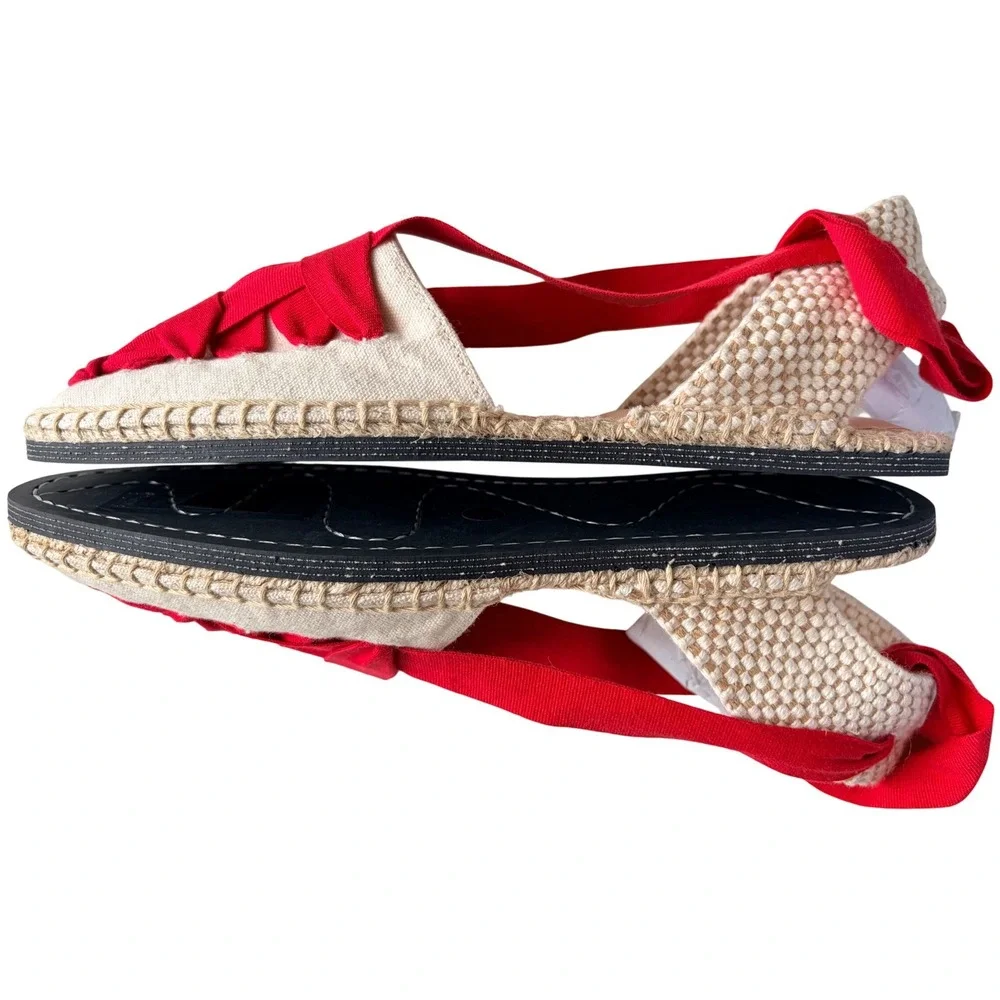 Loeffler Randall Wilson Flat Ankle Wrap Espadrille Natural Red Size 8 NWOB